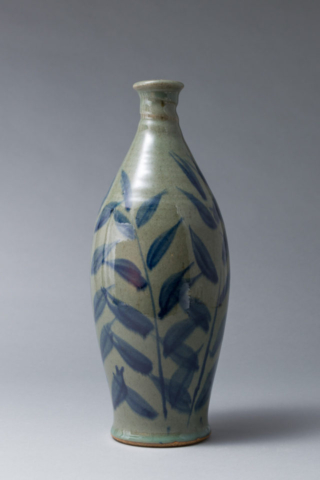 Pecan leaf bottle, stoneware with cobalt brushwork